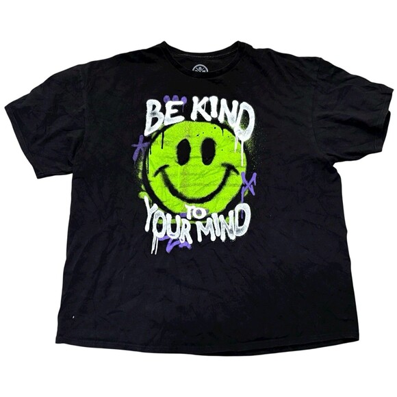 VTG Smiley Face Be Kind to Your Mind Graffiti Tee Mens 2XL Black T-Shirt - Picture 1 of 3